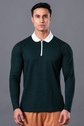 MINIMAL BUZZ  RADIANCE FULL SLEEVES ZIP POLO T-SHIRT - DARK GREEN
